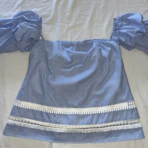 White House Black Market Blue Sz 6 Off Shoulder Puff Sleeve Lace Trim Coquette